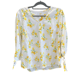 Denim & Co Lemon Print 3/4 sleeve White Blouse